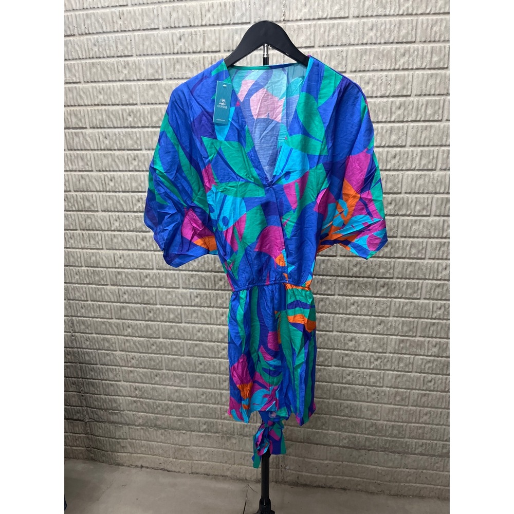 Cupshe Blue Tropical Abstract V-Neck Tie Waist Beach Cover Up Dress S A13F5D023